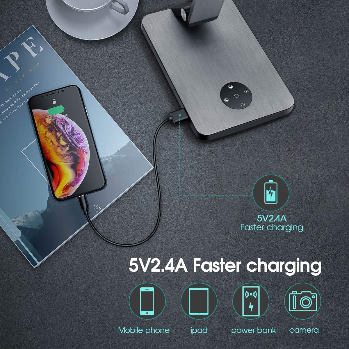 LED Desk Lamp, FXQ Aluminum Stepless Dimming Desk Lamp, Table Lamp with 2.4A Faster Charging Function, Smart Sleeping Mode and Light Memory Function for Ofifice, Reading Room and Beadroom, Grey