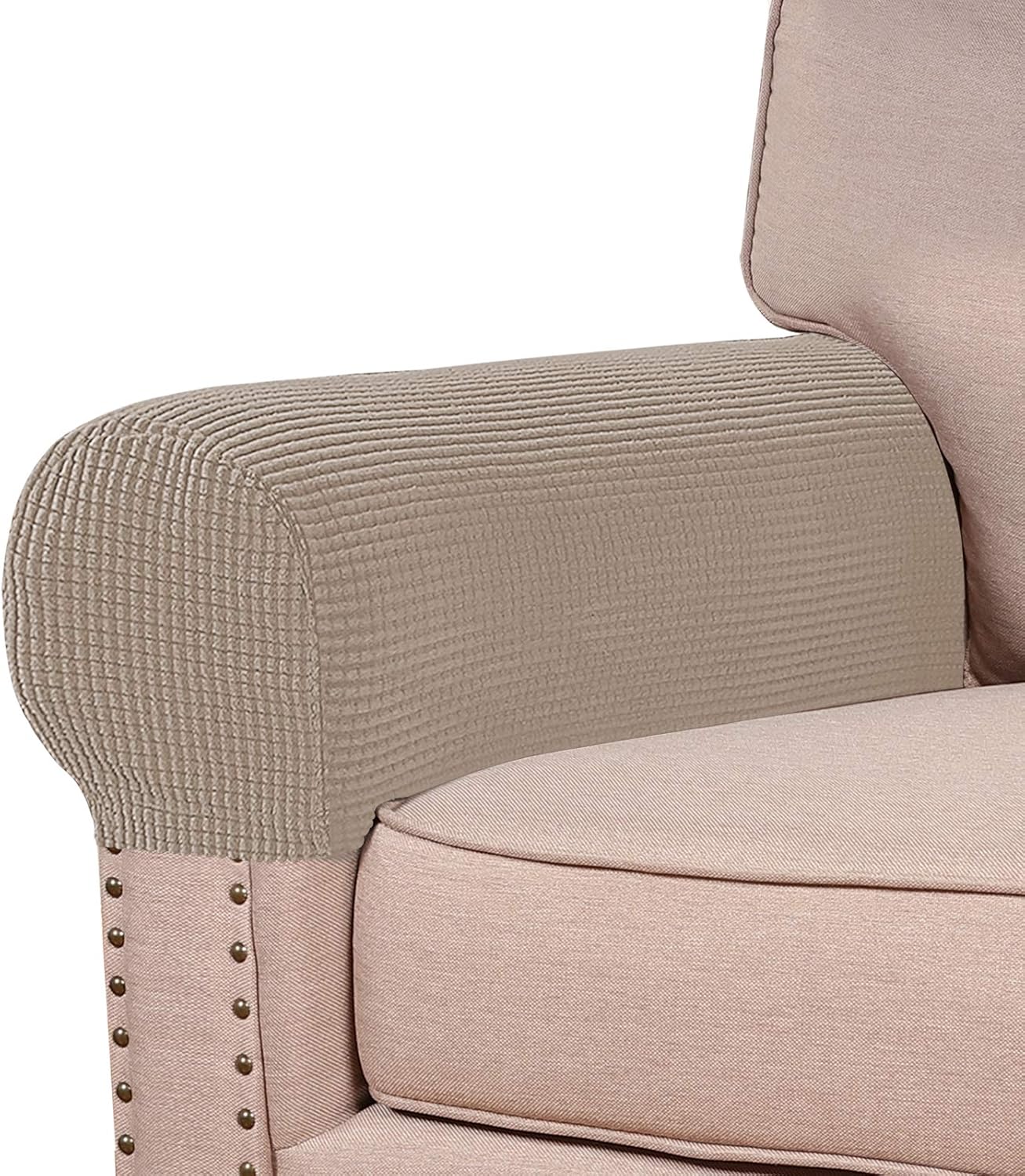 Slipcovers - Turquoize Stretch Armrest Covers for Chairs and Sofas Couch Arm Covers for Sofa Spandex Jacquard Armrest Covers Anti-Slip Furniture Protector Washable Armchair Slipcovers for Recliner Set of 2, Sand