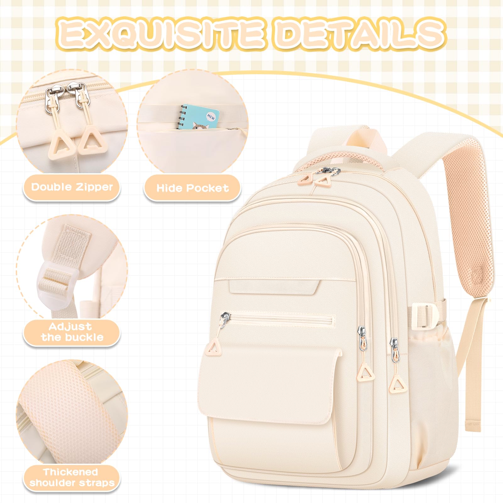 Cute Backpack for School Teen Girls Beige Bookbag Aesthetic Womens Travel Book Bags for School Kids Student Back Packs
