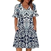 Zeagoo Summer Casual Dresses for Women A Line Sun Dress Ruffle Short Sleeve V Neck Floral Tshirt Dress with Pockets