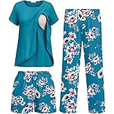 Ekouaer 3 PCS Maternity Nursing Pajamas Set Postpartum Breastfeeding Short Sleeve Shirts, Pregnancy Shorts & Pants Pjs S-XXL