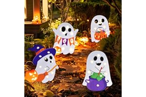 PONLODOS Lighted Cute Ghost Yard Signs, 4 PCS Halloween Decorations Outdoor Scary Witch Pumpkin Signs with Lights for Lawn Garden Yard Stakes Outside Halloween Decoration Halloween Decor