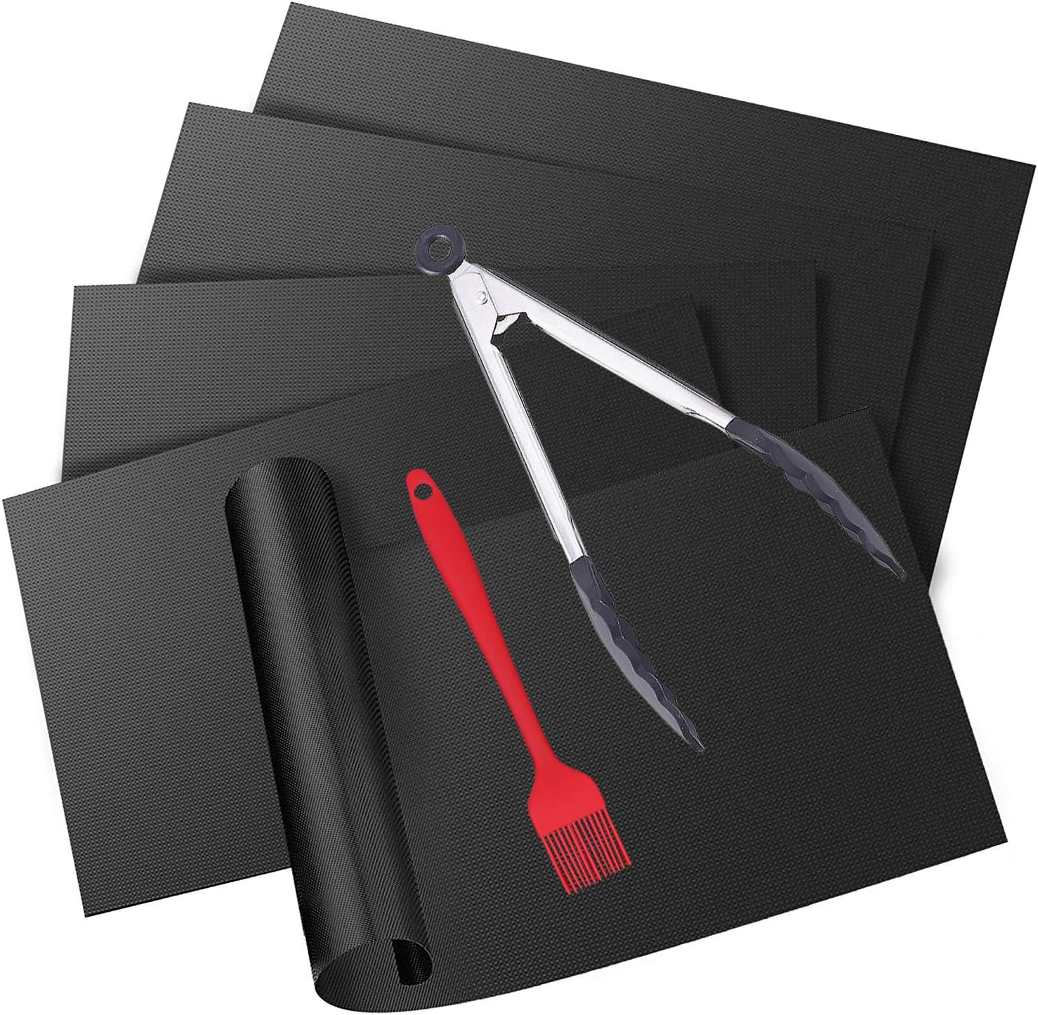 Estefanlo BBQ Grill Mat Set of 5, Non-stick Barbecue Grill & Baking Mats for Baking on Gas, Charcoal, Oven and Electric Grills - Free 12" BBQ Tongs and Silicone Brush (3 set)