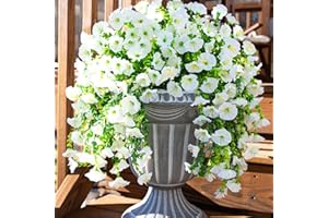 Ivydale 2 PCS Artificial Hanging Flowers Fake Plants Outdoor,Silk Morning Glory Faux Flowers with Eucalyptus Leaves,UV Resistant Realistic Hanging Petunias Plants for Home Garden Decor (Beige)