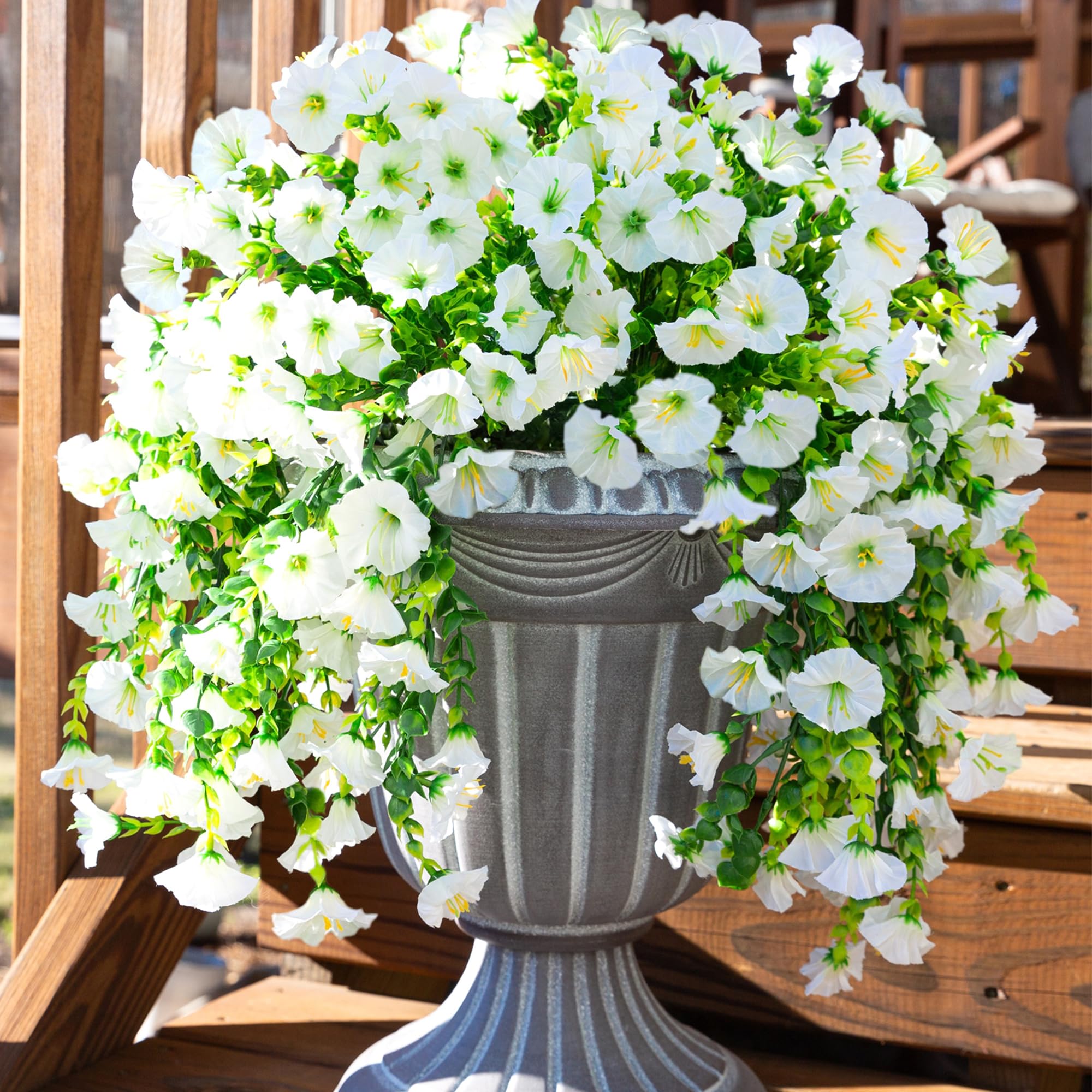 Photo 1 of Ivydale 2 PCS Artificial Hanging Flowers Fake Plants Outdoor,Silk Morning Glory Faux Flowers with Eucalyptus Leaves,UV Resistant Realistic Hanging Petunias Plants for Home Garden Decor (Beige)