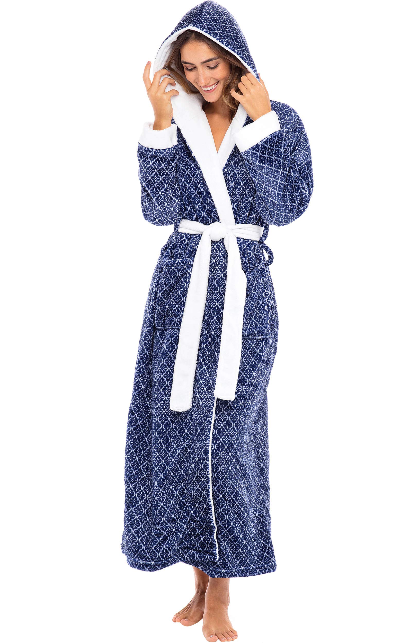 Alexander Del Rossa Womens Robe, Long Plush Bathrobe with Hood, Hooded Robes for Women Plus Size Bath Robe, Moroccan Trellis, Medium Image