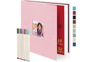 COLEMOLY Photo Album 60 Self-Stick Pages (11x10.6inch) Pink Linen for 2x3 3x5 4x6 5x7 6x8 8x10 Pictures with 10 Metallic Pen, Magnetic Scrapbook Album for Your Family and Friends