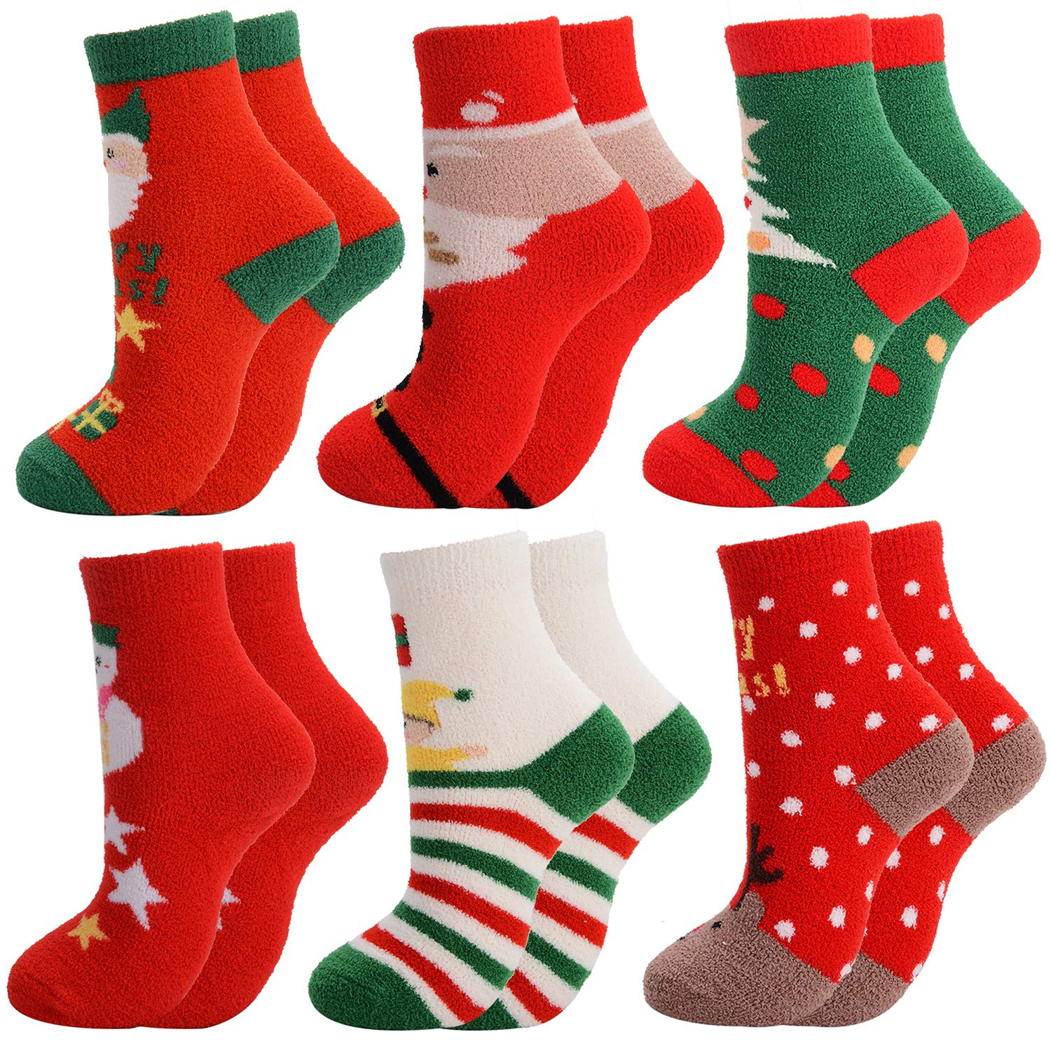 Womens Christmas Fuzzy Socks, Fascigirl 6 Pairs Winter Warm Cozy Xmas Home Socks Holiday Socks Cute Slipper Socks for Women Christmas Gifts for Kids Girls