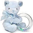 Bearington Collection Baby Polky Blue Plush Stuffed Animal Teddy Bear Shaker Toy Ring Rattle, 5" - Baby Boy Toys - Newborn Stuffed Animal