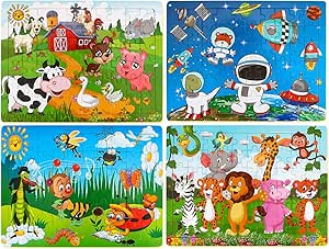 Dreampark Puzzles for Kids Ages 3-8, 4 Pack Wooden Jigsaw Puzzles 60 Pieces Preschool Educational Learning Toys Set for Boys and Girls