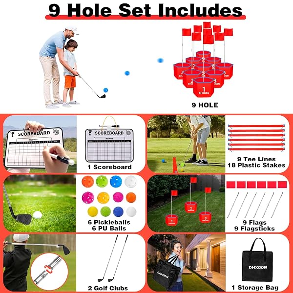 DHXGON BACKYARD GOLF GAME WITH 2 CLUBS, PORTABLE 9 HOLE GOLF COURSE, OUTDOOR YARD GOLF CHIPPING GAME FOR FAMILY AND ADULTS, BEACH, PARK, LAWN, FIELD DAY REUNION PARTY GAMES