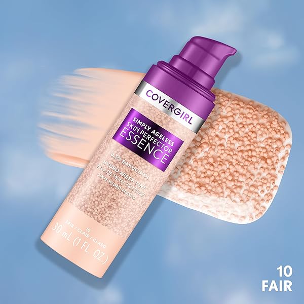 COVERGIRL SIMPLY AGELESS SKIN PERFECTOR ESSENCE FOUNDATION, 10 FAIR, TINTED SKINCARE MAKEUP HYBRID, SHEER TINT, RADIANT FINISH, GLOWY FINISH, VEGAN FORMULA, 1.0OZ