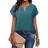 Gaharu Women's Summer Pleated Work Top Short Sleeve Business Casual Blouse Basic Dressy Shirt