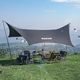 BLACKDOG Large Black Coating Camping Tarp with Poles, 197" L x 115" W | Waterproof Oxford Cloth Hammock Rain Fly, Anti-UV Camping Awning Tent Tarp with Guy Ropes Tent Stakes