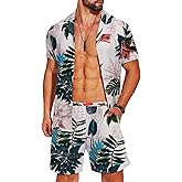 COOFANDY Men's Hawaiian Matching Shirt and Shorts Set Summer Beach 2 Piece Outfits Short Sleeve Cuban Shirts and Shorts
