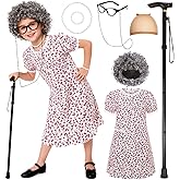 SIZGAROOT Old Lady Costume for Kids Girls 100 Days of School Costume with Accessories, Halloween Party Dress Up
