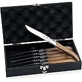 FlyingColors Laguiole Steak Knife Set. Stainless Steel, Olive Wood Handle, Gift Wooden Box, 6 Pieces