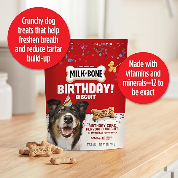 MILK-BONE CELEBRATE BIRTHDAY CAKE ARTIFICIALLY FLAVORED BISCUITS, SMALL DOG TREATS, 8 OZ. BAG