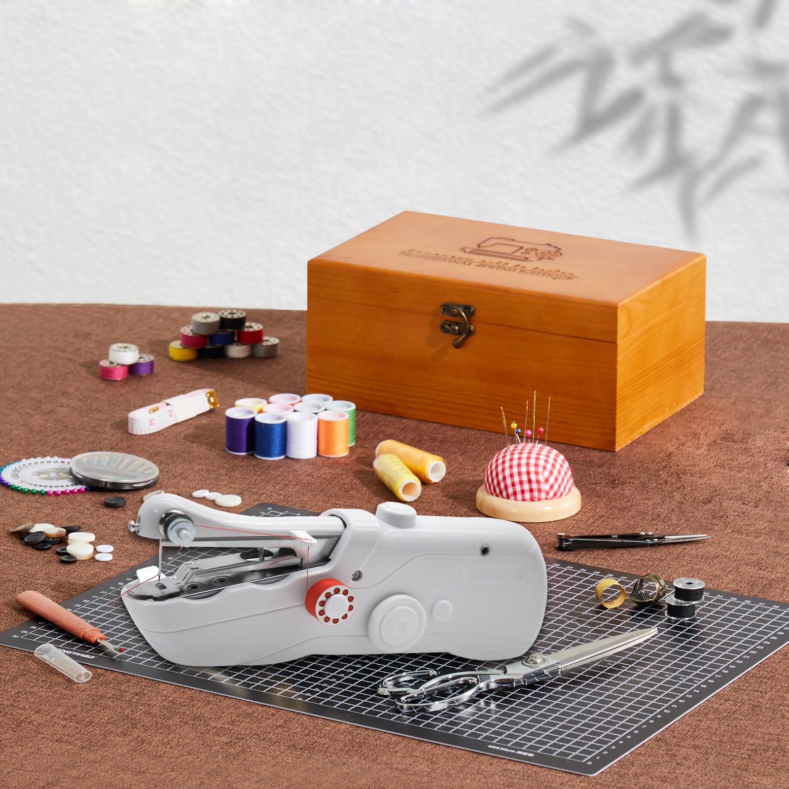 Handheld Sewing Machine with Exquisite Wooden Storage Box & 142-Piece Sewing Kit - Electric Switch, Dual Power Supply, Assorted Needles, Threads, Heavy Duty Scissors - Meets All Household Sewing Needs
