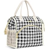 LOKASS Insulated Lunch Bag Women- Reusable 10 L Lunch Box for Women - Leakproof Tote Cooler Bag for Adults Work, Beach, Travel, Picnic （Black&White Diamond Grid）