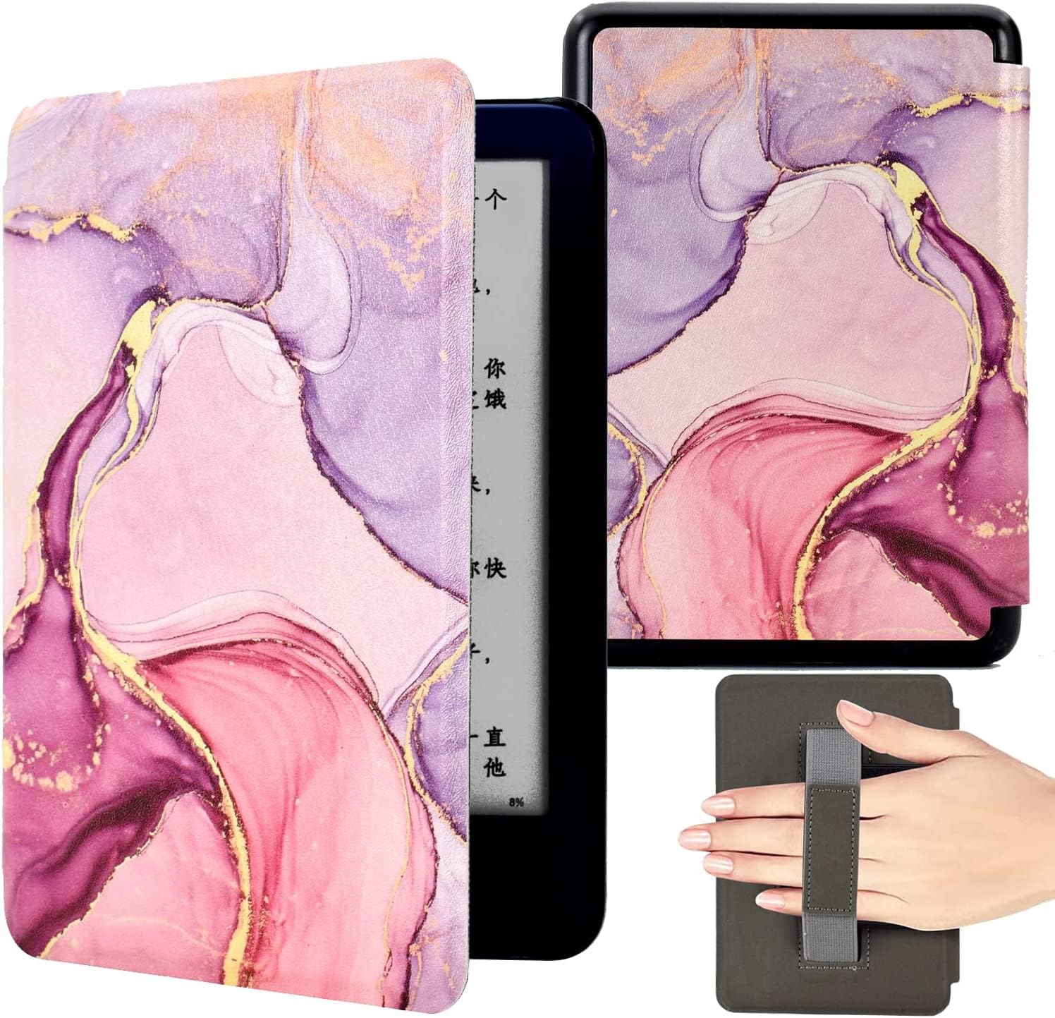 KEROM Case for 6.8" Kindle Paperwhite (11th Generation, 2021) and Kindle Paperwhite Signature Edition, PU Leather Protective Cover Case with Hand Strap, Card Slot, and Auto Sleep/Wake - Pink Marble