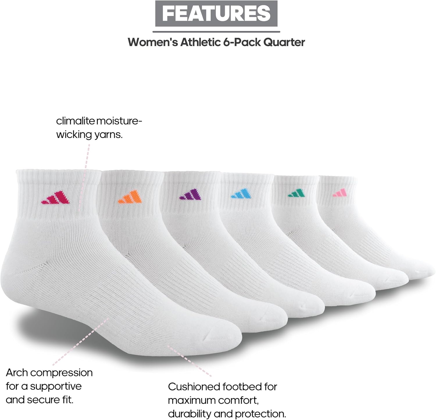 adidas Women's Athletic Quarter Sock (6-Pair), White/Shock Pink Glow Orange Shock Purple Bright C, Medium, (Shoe Size 5-10): Clothing
