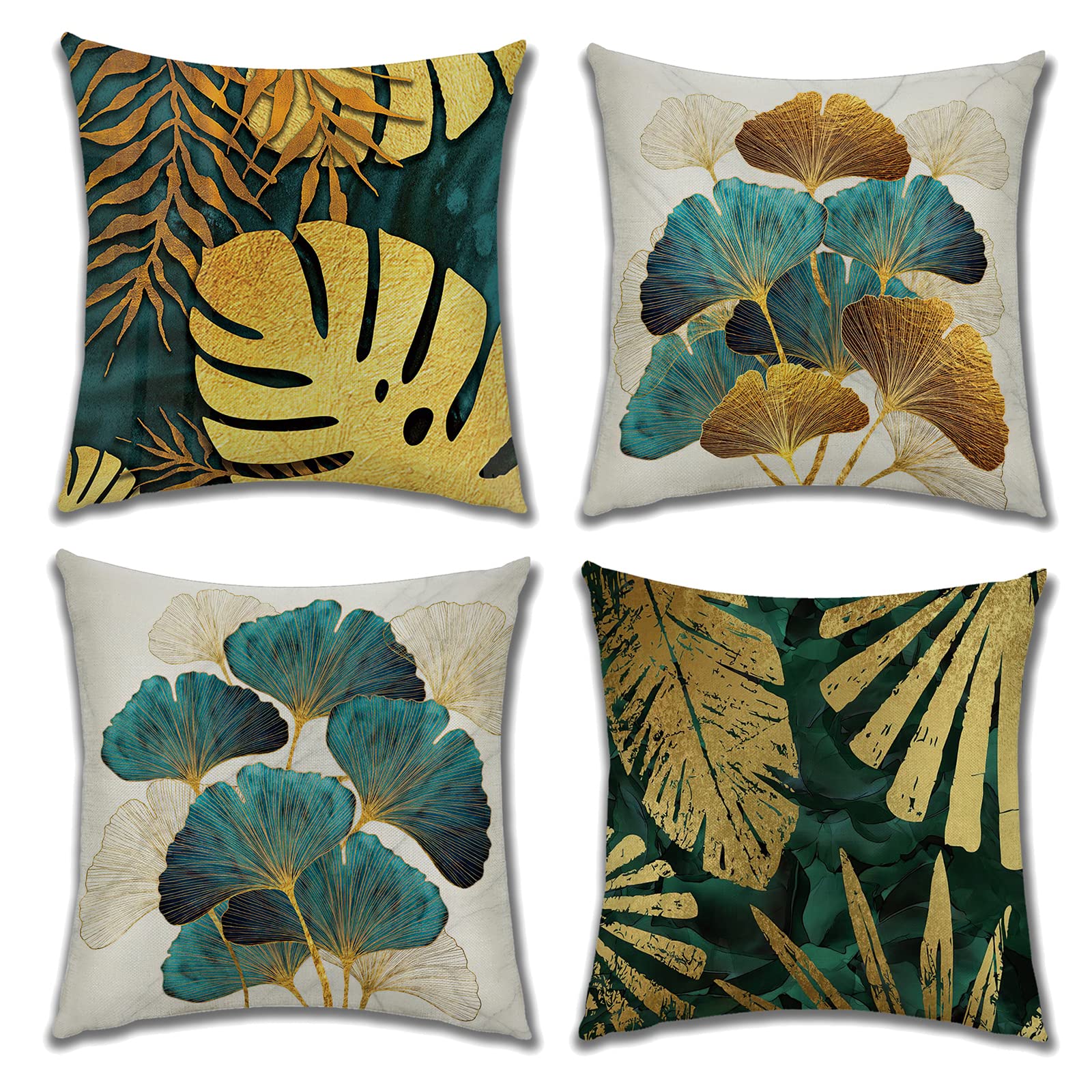 OCEUMACO Linen Cushion Covers 45 x 45 cm Set of 4 Square Ginkgo Jungle Leaf Throw Pillow Cases 18x18 Inches Outdoor Luxury Green Ginko Leaves Cushion Cover Pack for Sofa Home - Gold Teal