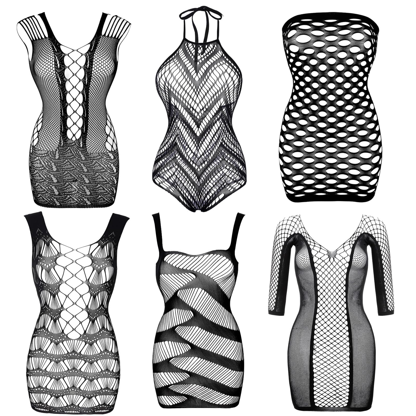 JDiction Women's Fishnet Lingerie Lace Fishnet Bodysuits Stockings Mesh Babydoll for Women（6 Pack）