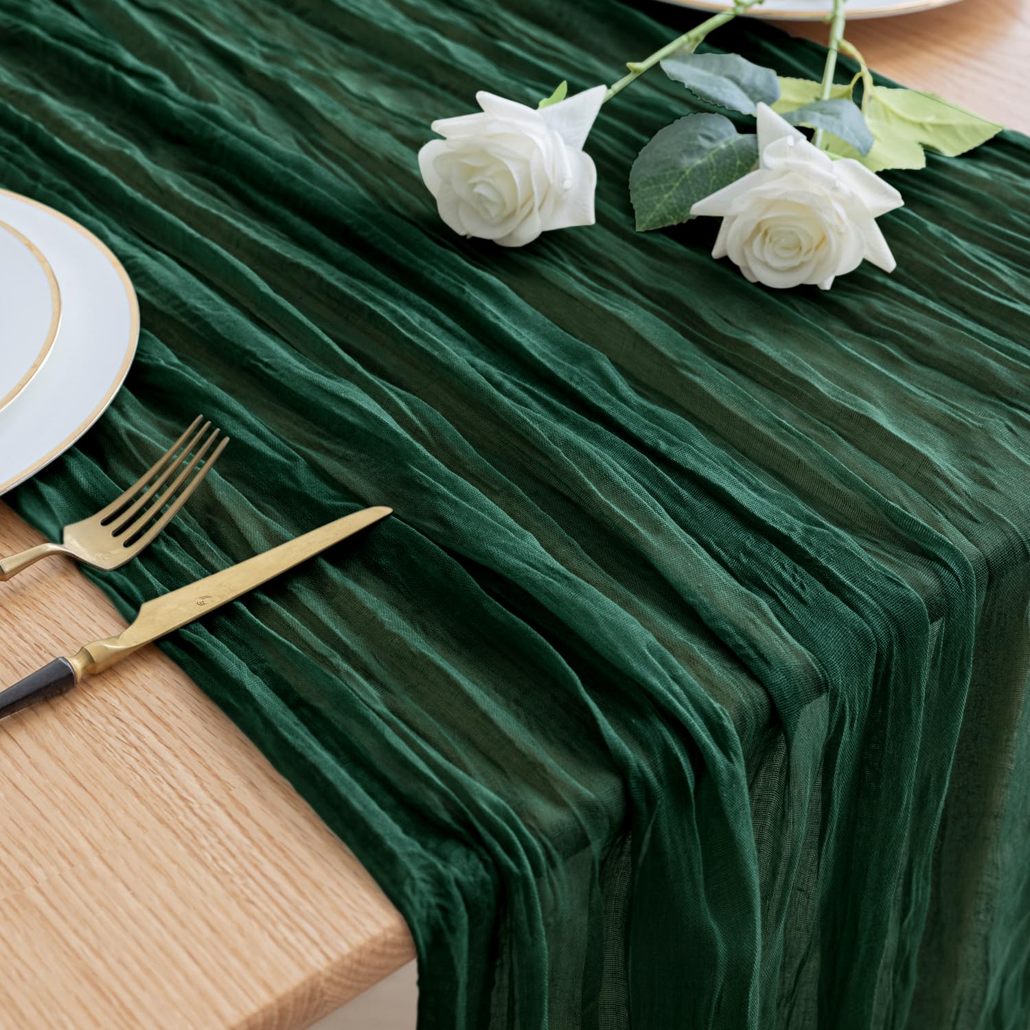 Photo 1 of Asee'm Fall Table Runner Cheesecloth 10FT Emerald Green Boho Gauze Fabric Rustic Sheer Cheese Cloth Runners for Thanksgiving Wedding Bridal Shower Party Decoration