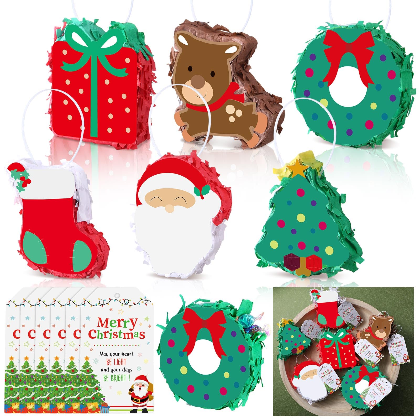 Photo 1 of Poen 6 Pcs Mini Christmas Piñata with Greeting Card Christmas Trees Stockings Santa Claus Gift Boxes Reindeer Piñata for Xmas Party Decorations Cute Xmas Party Supplies