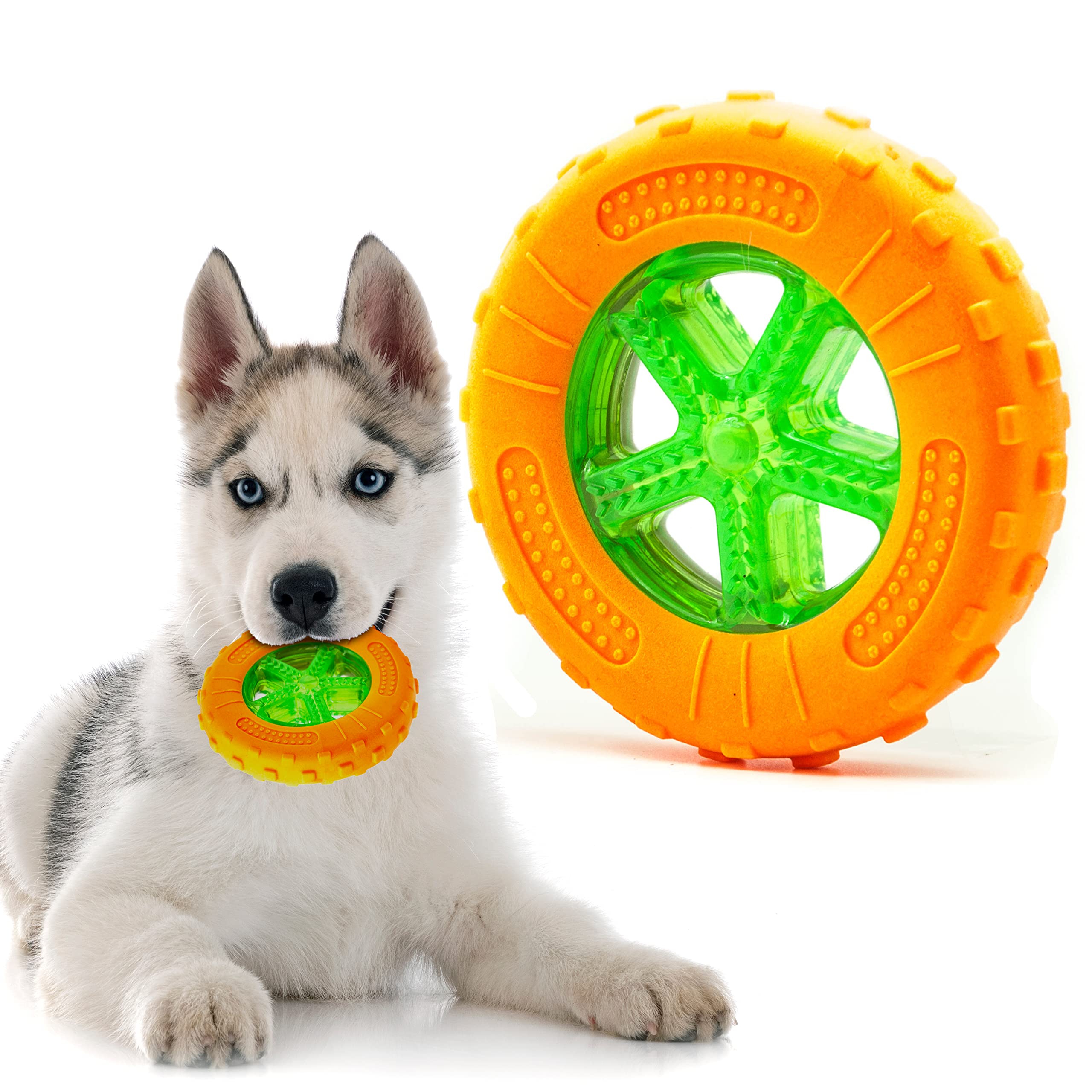 Petopedia 5 inches – Rubber Dog Chew Toys TIRE – Bright TYRE WHEEL – TPR Dogs Toy with Treat Dispensing, Fetch Play – Interactive, Boredom, Floating, Puppy Teething Toys (Orange)