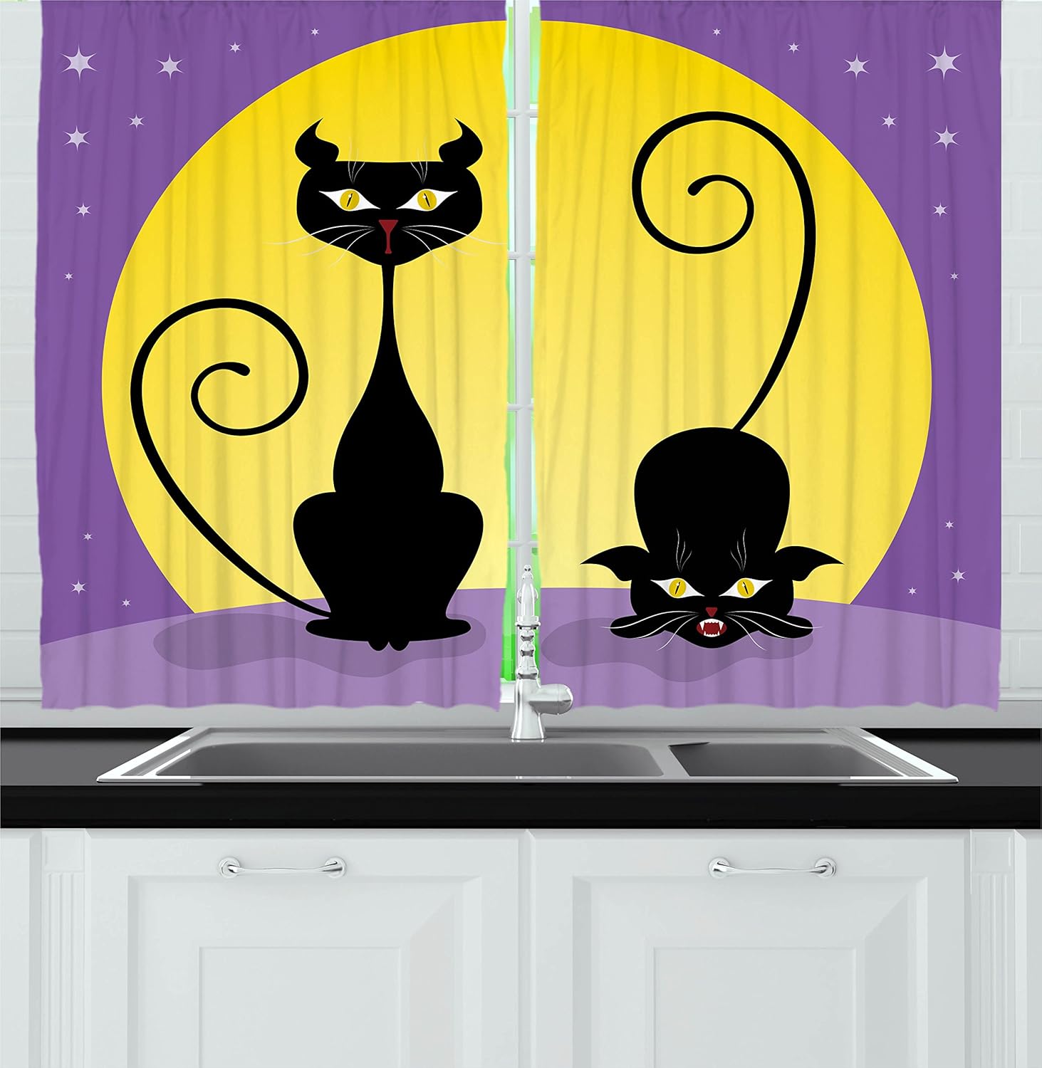 Ambesonne Cat Decor Kitchen Curtains, Two Black Kitties in front of Full Moon Starry Night Halloween Image, Window Drapes 2 Panels Set for Kitchen Cafe, 55W X 39L Inches, Violet Yellow Black