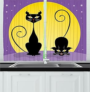 Ambesonne Cat Decor Kitchen Curtains, Two Black Kitties in front of Full Moon Starry Night Halloween Image, Window Drapes 2 Panels Set for Kitchen Cafe, 55W X 39L Inches, Violet Yellow Black