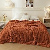LIFEREVO Luxury Faux Rabbit Fur Queen Size Blanket for Bed, Soft Cozy and Plush Thick Waffle Big Bubble Blanket for All Season, Cute Fuzzy Throw Home Decor for Adults Kids, 90x90, Burnt Orange