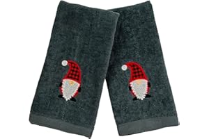 SERAFINA HOME Christmas Gnomes Towel Set: Dark Grey Fingertip Towels with Red White Embroidery Jolly Nordic Gnome, Set of 2