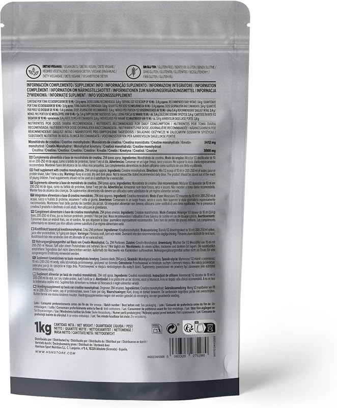 Creatina monohidratada em pó da hsn | 1 kg sem sabor = 286 doses por embalagem | monohidrato de creatina 100% pura sem adição | não ogm, vegano, sem glúten