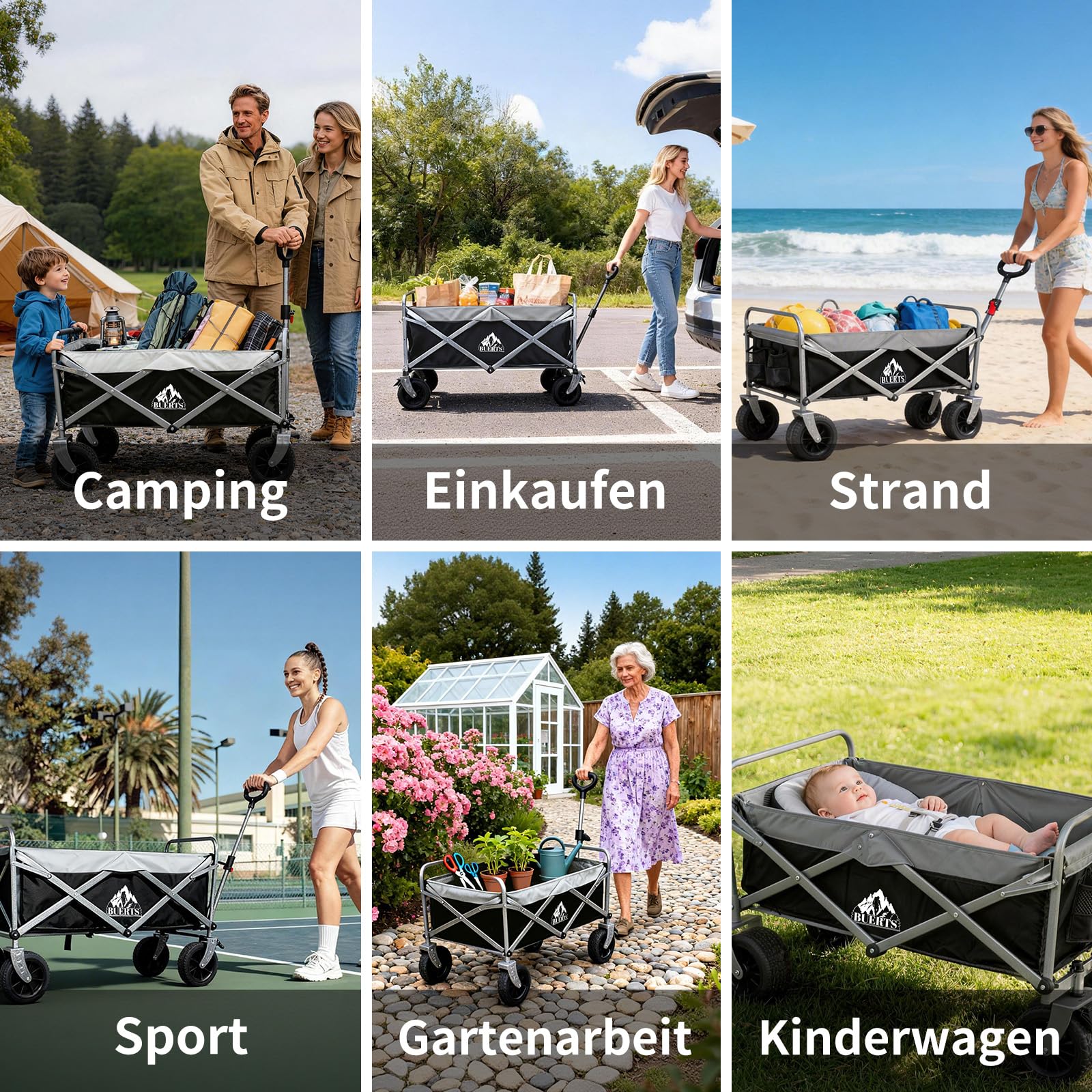 BUERTS Bollerwagen Faltbar – Tragkraft 272 kg, mit Bremsen, Getränkehalter, Verstellbarem Griff, All Terrain Rädern für Camping Outdoor Shopping, 600D Oxford-Gewebe, Schwarz 7