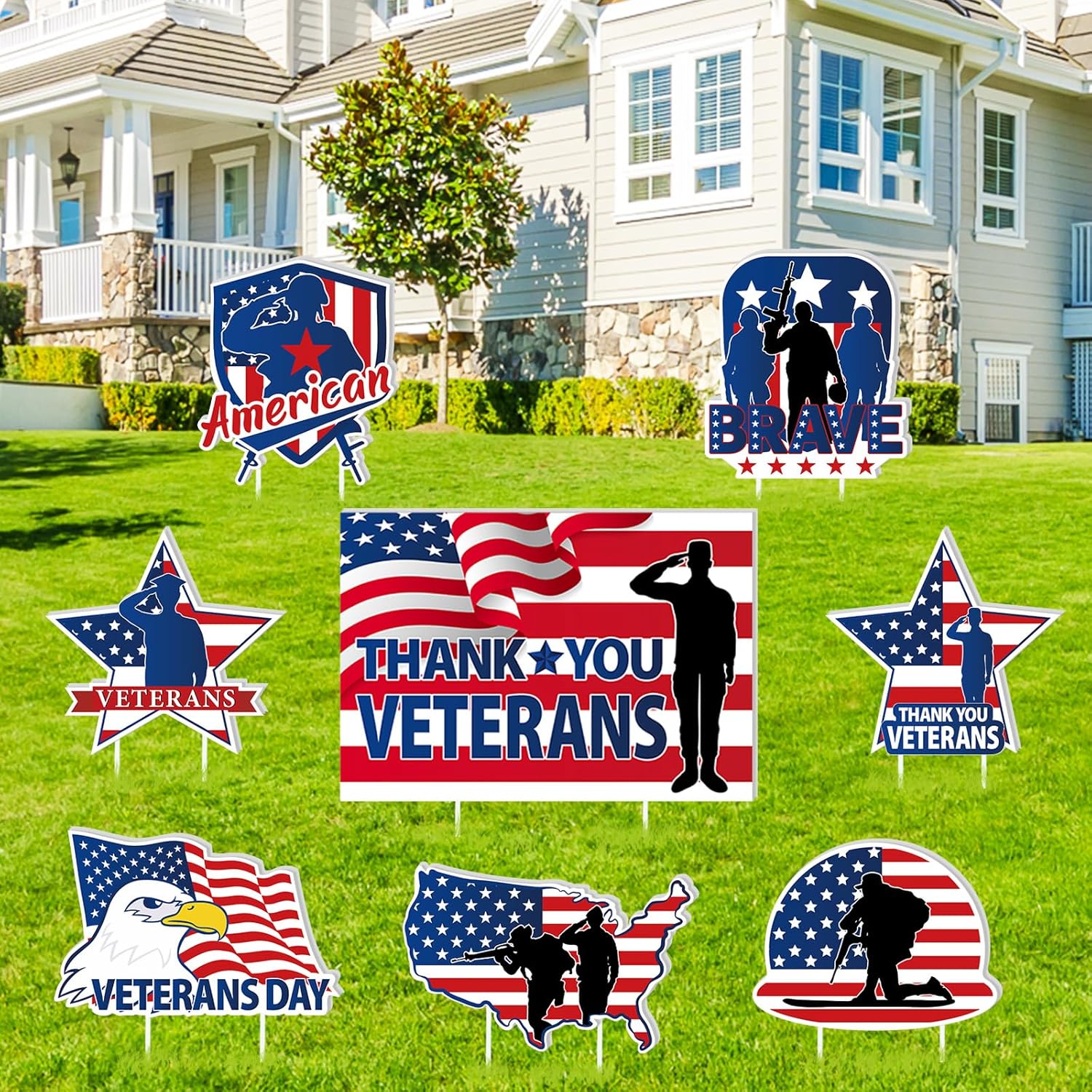 Yard Signs - Whaline 8Pcs Happy Veteran's Day Yard Sign with 16Pcs Stakes Thank You Veterans Yard Decor American Flag Yard Decorations for Veterans Day Thank You Veterans Party Garden Yard Lawn Outdoor Decor