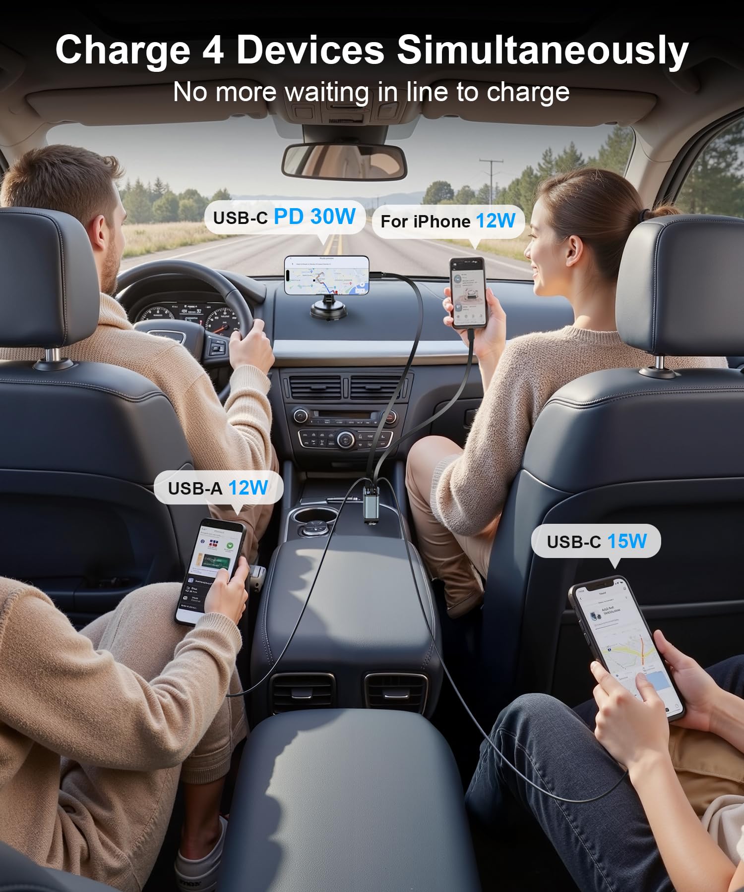 Gritin Retractable Car Charger, 69W Super Fast 4 in 1 USB C Car Charger Adapter with Smart Device-Adaptive Charging Technology&Instant Voltage Display, Accessories for iPhone17 16 Pro Max,iPad,Android