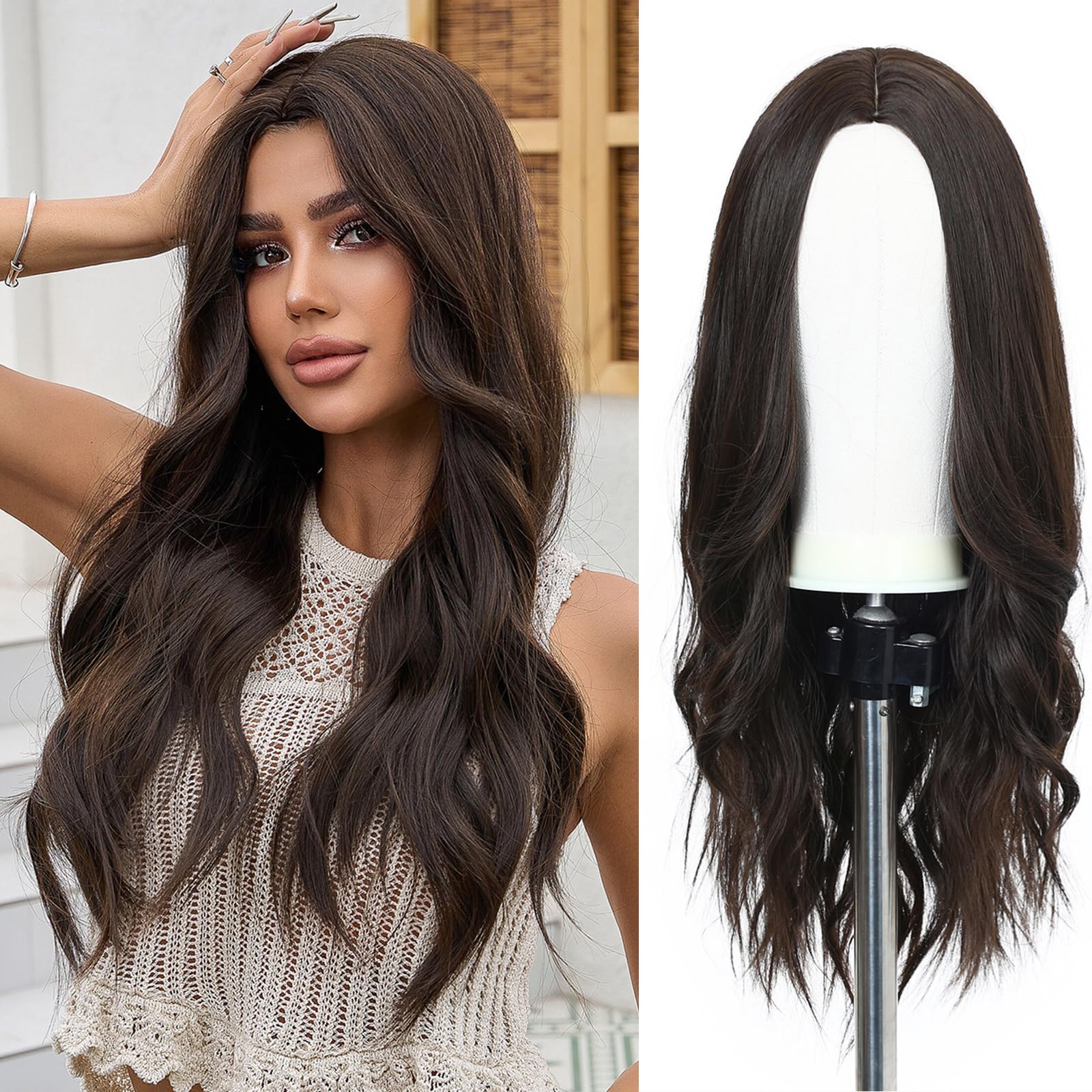 Esmee Long Wavy Dark Brown Wigs for Women Natural Synthetic Hair Heat Resistant Wigs for Daily Party Cosplay Wear-24 Inches