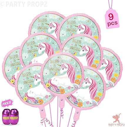 Party Propz 9Pcs Unicorn Foil Balloons with Free Curling Ribbon for Unicorn Theme Birthday Party Supplies