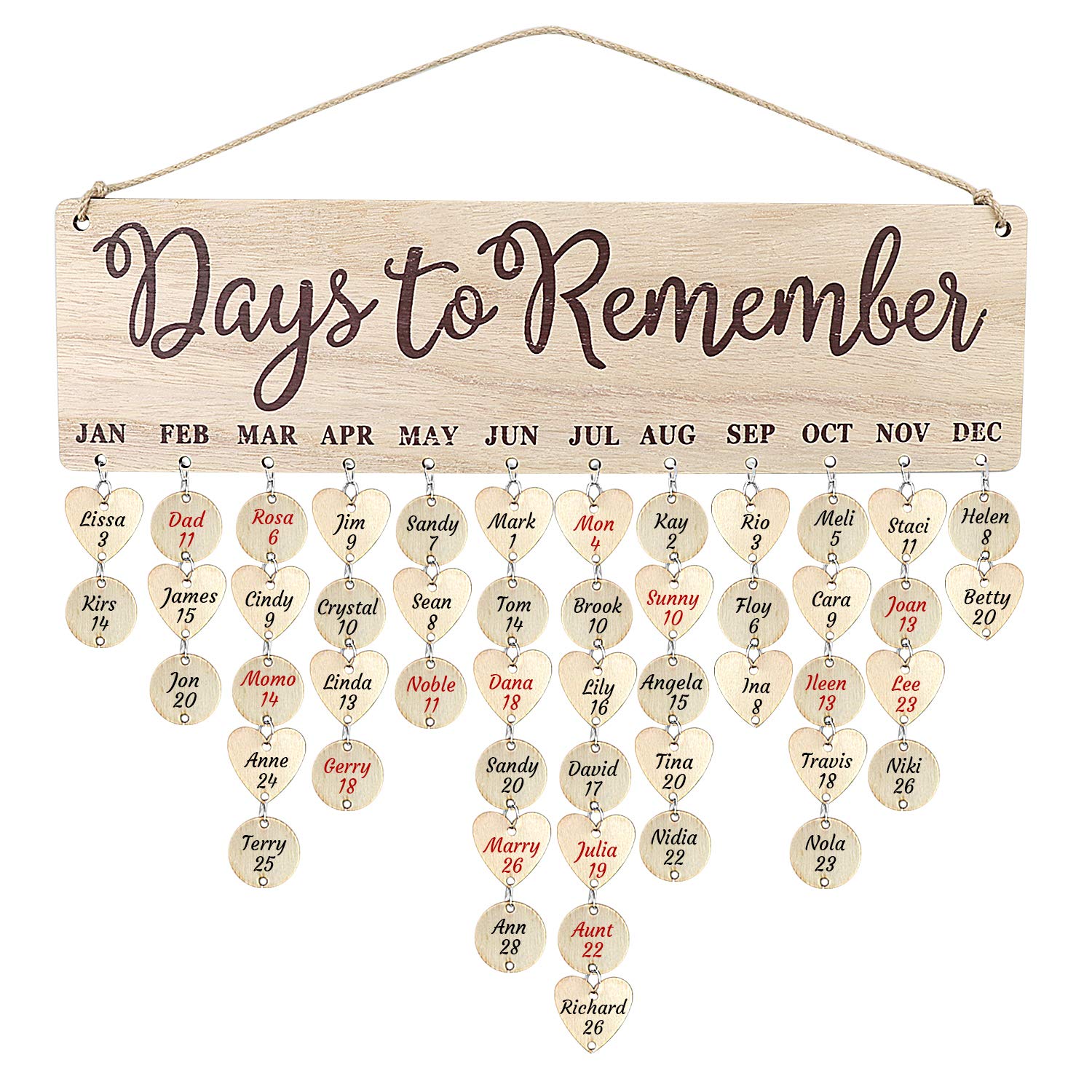 Wood DIY Calendar Wall Hanging with Tags,Handmade Ornaments Birthday Anniversary Reminder for Family and Friends,Calendar Board for Home Decoration/Wedding/Classroom/Liveing Room (Days to remember)