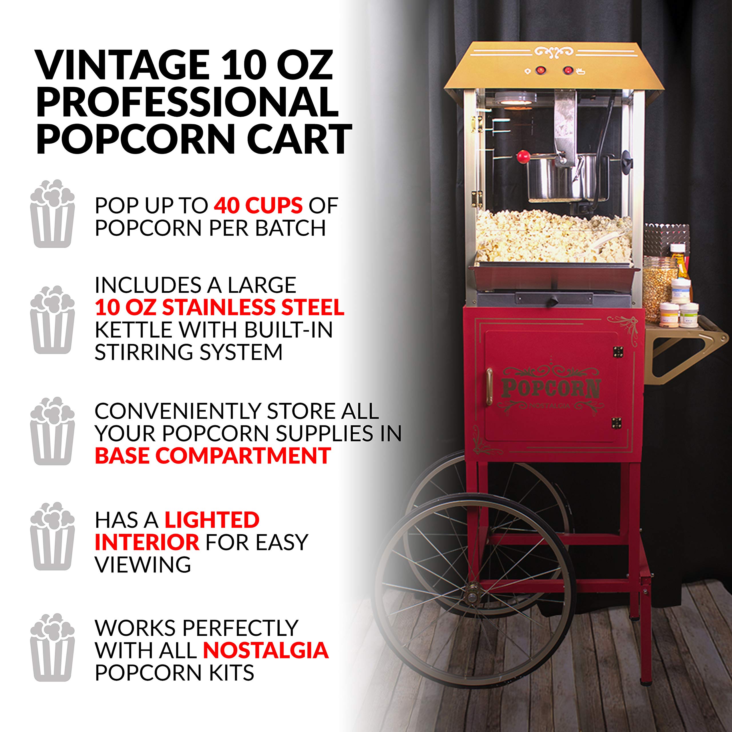 Nostalgia Popcorn Maker Machine - Professional Cart With 10 Oz Kettle Makes Up to 40 Cups - Vintage Popcorn Machine Movie Theater Style - Red