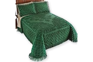 Collections Etc Royalty Elegant Scroll and Checkered Pattern Chenille Bedspread with Fringe Border, Emerald, Full