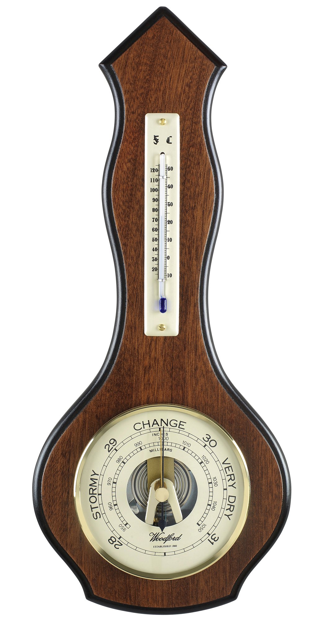 Classic Wall Barometer in Mahogany Veneer with Thermometer. Made in the UK