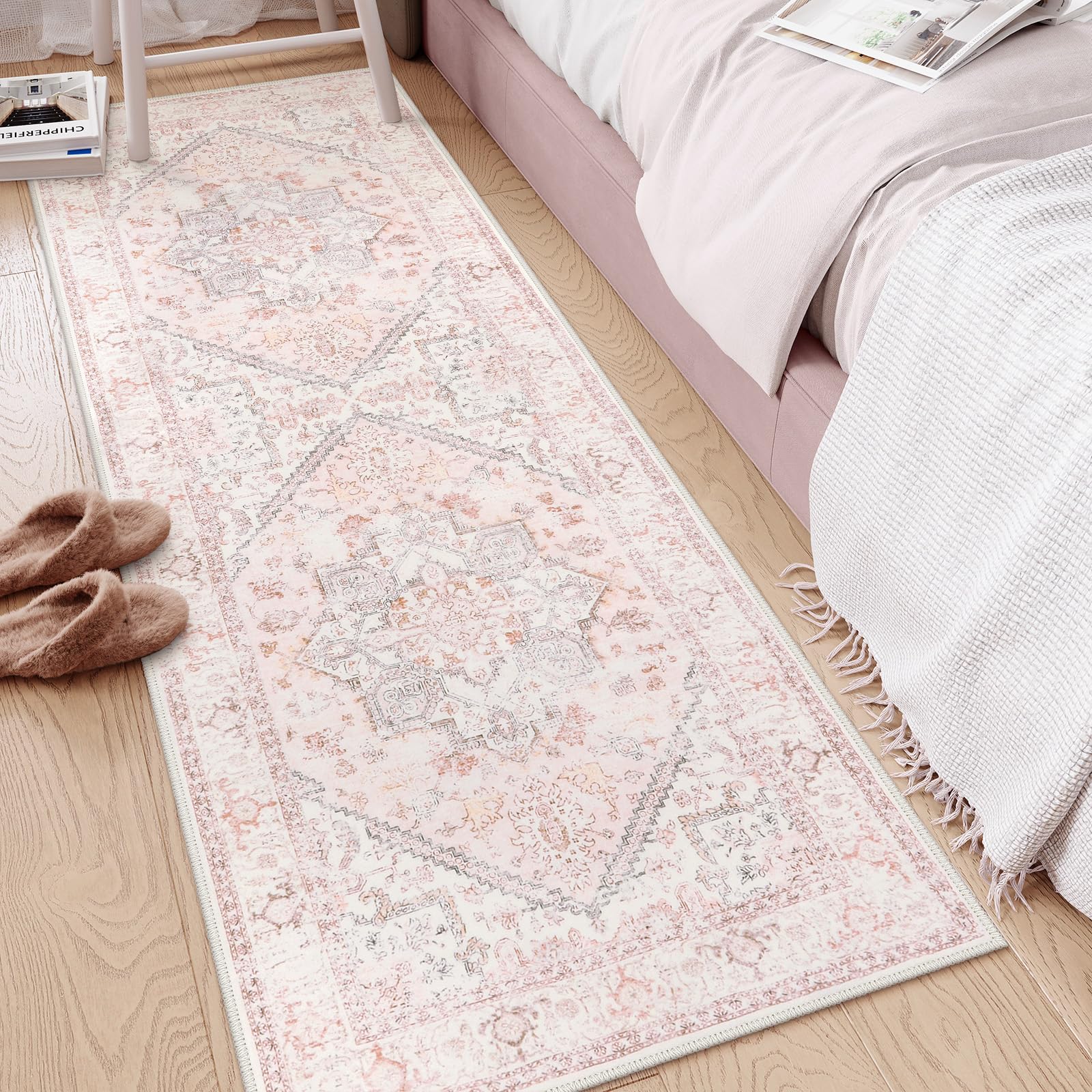 Photo 1 of LIVEBOX Washable Runner 2x6 - Oriental Floral Kitchen Rug, Long Entryway, Low-Pile Vintage for Bedroom, Non-Skid Soft Carpet Throw for Bathroom Laundry Room Hallway Pink