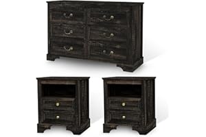 CATMIX Farmhouse Bedroom Set, 3 Pieces Bedroom Furniture Set, Rustic Wood 6 Drawer Dresser and Nightstands, Chest of Drawers Wide Storage Organizer Cabinet for Bedroom