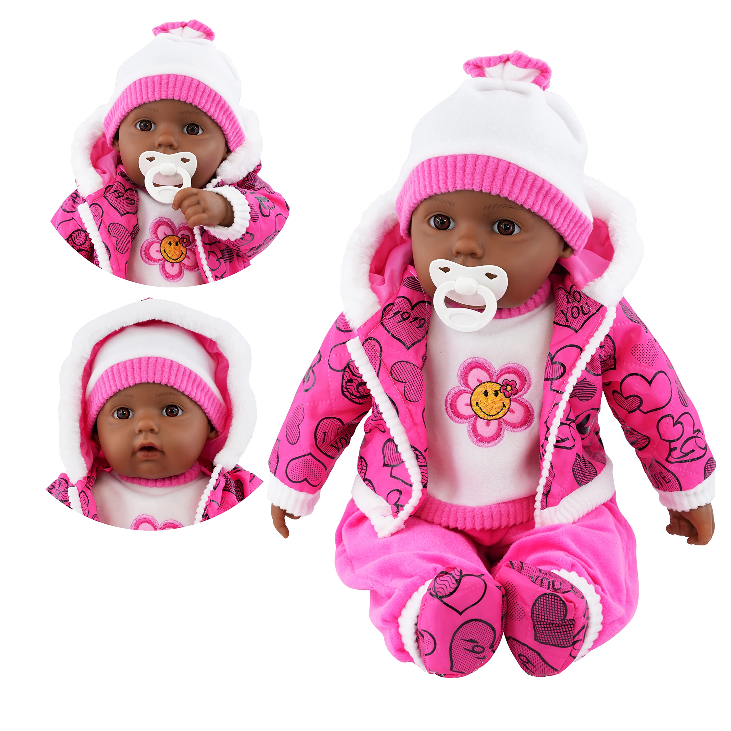BiBi Doll 20" Black Ethnic Baby Girl Doll - Large Lifelike Size, Soft Body, with Dummy & Sounds in Pink & White Outfit, Toy for Boys & Girls Aged 18 Months+