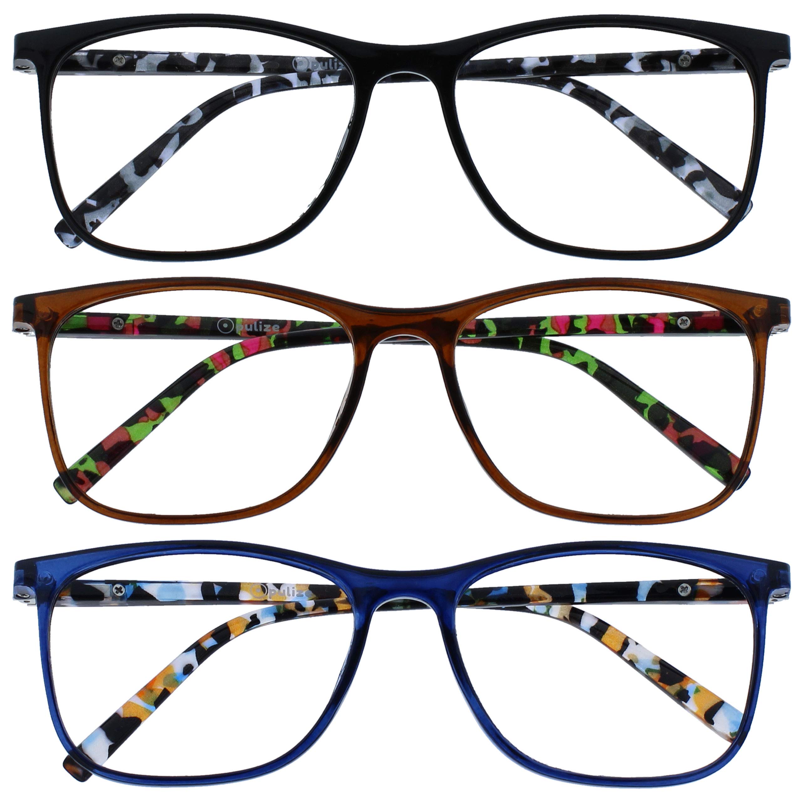 OPULIZE Arc Reading Glasses 3 Pack Stylish Slim Square Frame Spring Hinges Scratch Resistant Black Brown Blue Patterned Arms Mens Womens RRR66-123 +1.00