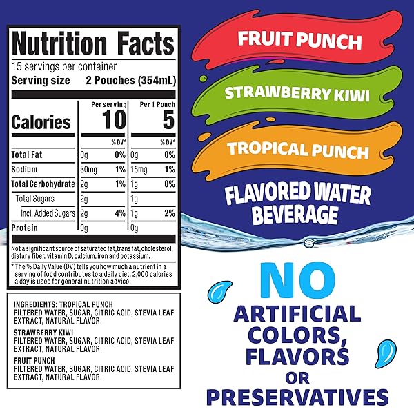 CAPRI SUN ROARIN’ WATERS FLAVORED WITH OTHER NATURAL FLAVOR WATER BEVERAGE, 30 POUCHES, FOR SCHOOL LUNCHES AND ON-THE-GO HYDRATION, FRUIT PUNCH, STRAWBERRY KIWI AND TROPICAL PUNCH, 6 FL OZ